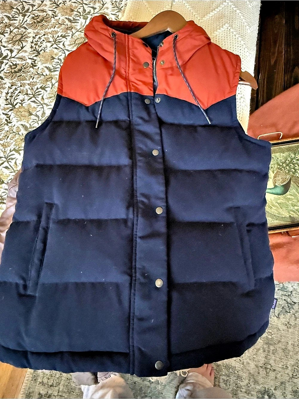 Patagonia Down Sweater Vest Hooded Blue & Burnt Orange XL